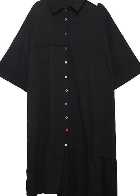 Style Gray Cotton Clothes Lapel Cinched Long Asymmetric Summer Dresses