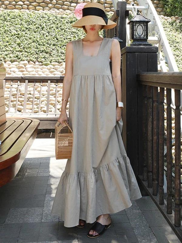 Style Gray Cotton Dress Patchwork Cinched Summer Dresses