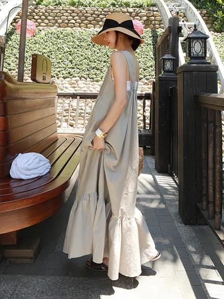 Style Gray Cotton Dress Patchwork Cinched Summer Dresses