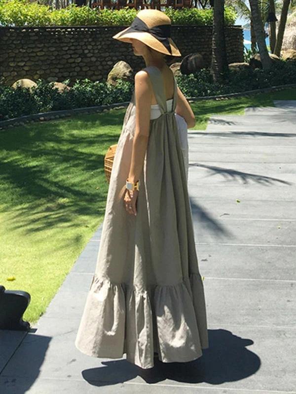 Style Gray Cotton Dress Patchwork Cinched Summer Dresses