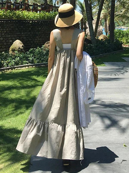 Style Gray Cotton Dress Patchwork Cinched Summer Dresses