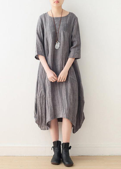 Style Gray Linen Clothes for O Neck Asymmetric Dress