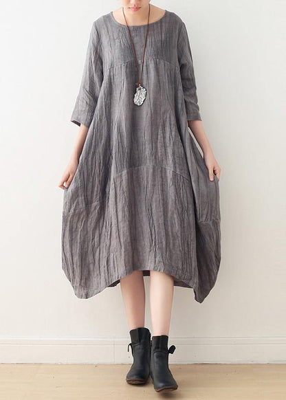 Style Gray Linen Clothes for O Neck Asymmetric Dress