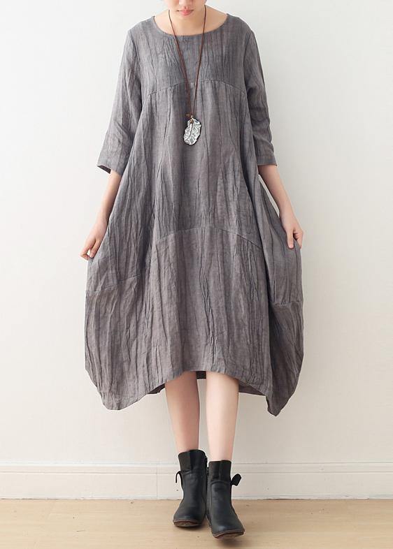 Style Gray Linen Clothes for O Neck Asymmetric Dress