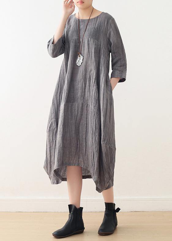 Style Gray Linen Clothes for O Neck Asymmetric Dress
