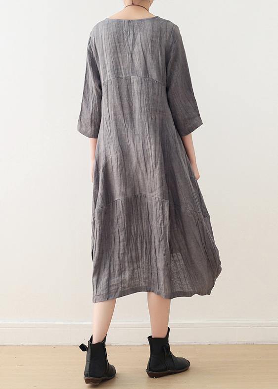 Style Gray Linen Clothes for O Neck Asymmetric Dress