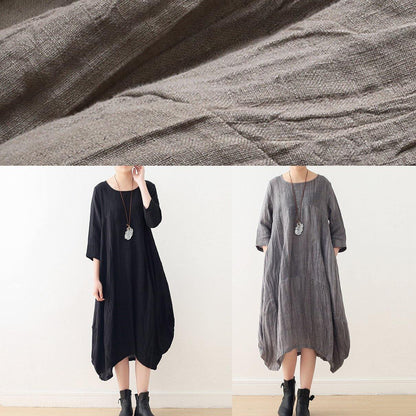 Style Gray Linen Clothes for O Neck Asymmetric Dress