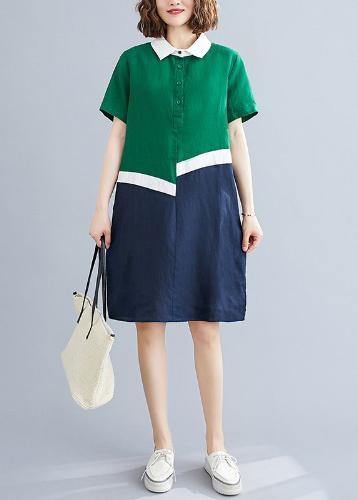 Style Green Cotton Linen Quilting Clothes Peter Pan Collar Shift Summer Dresses