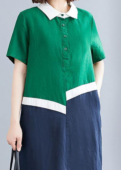 Style Green Cotton Linen Quilting Clothes Peter Pan Collar Shift Summer Dresses