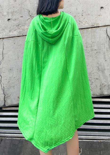 Style Green Print Cotton Tunic Hooded Asymmetric Daily Dress