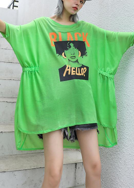 Style Green Print Cotton Box Top O Neck Cinched Oversized Summer Top
