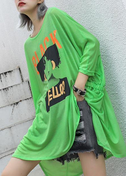 Style Green Print Cotton Box Top O Neck Cinched Oversized Summer Top