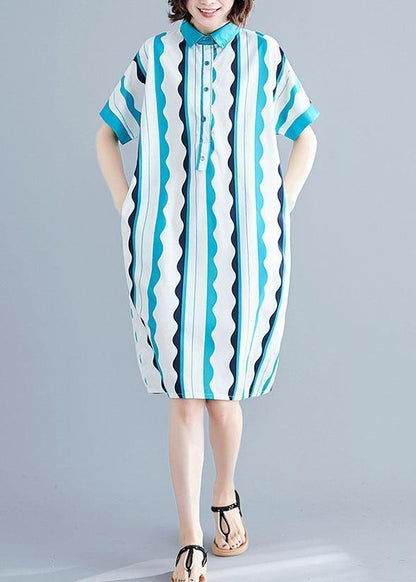 Style Green Striped Cotton Clothes Lapel Tunic Summer Dress