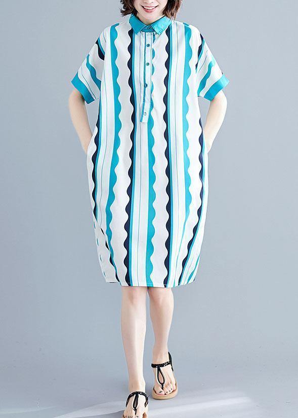 Style Green Striped Cotton Clothes Lapel Tunic Summer Dress