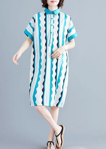 Style Green Striped Cotton Clothes Lapel Tunic Summer Dress