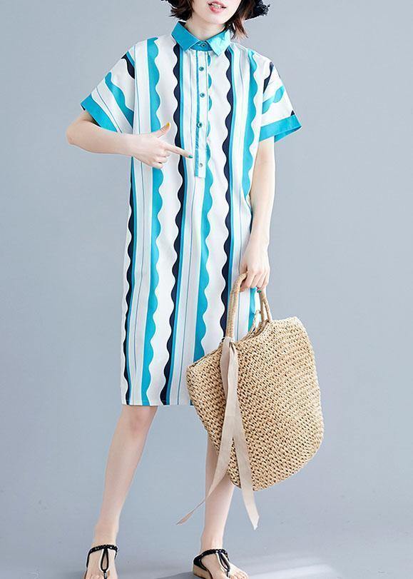 Style Green Striped Cotton Clothes Lapel Tunic Summer Dress