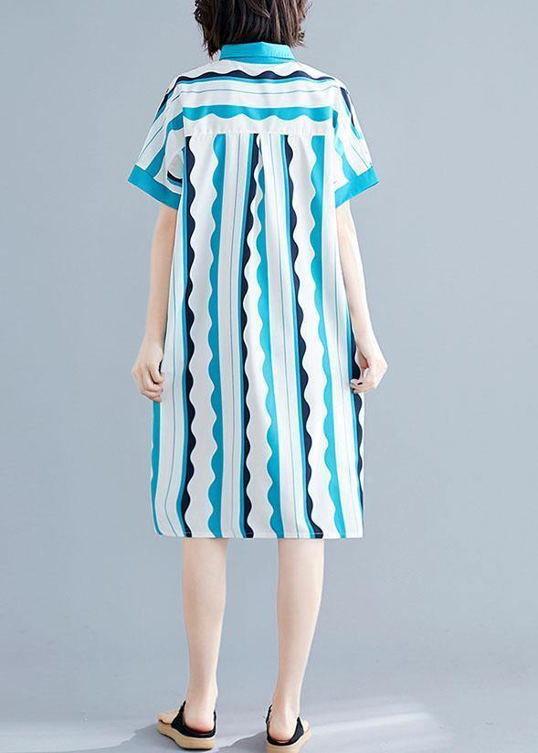 Style Green Striped Cotton Clothes Lapel Tunic Summer Dress
