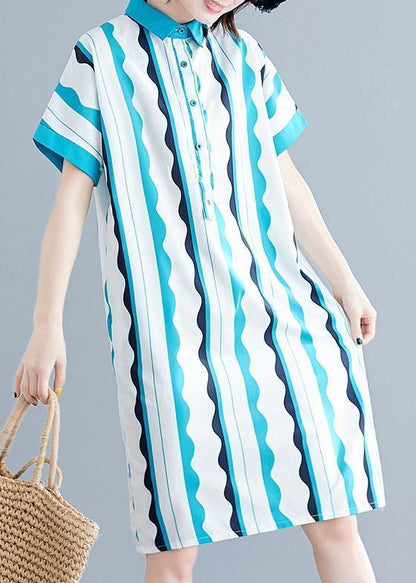 Style Green Striped Cotton Clothes Lapel Tunic Summer Dress