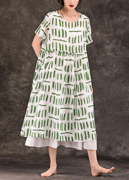 Style Green Striped Linen Dresses O Neck Pockets Long Summer Dress