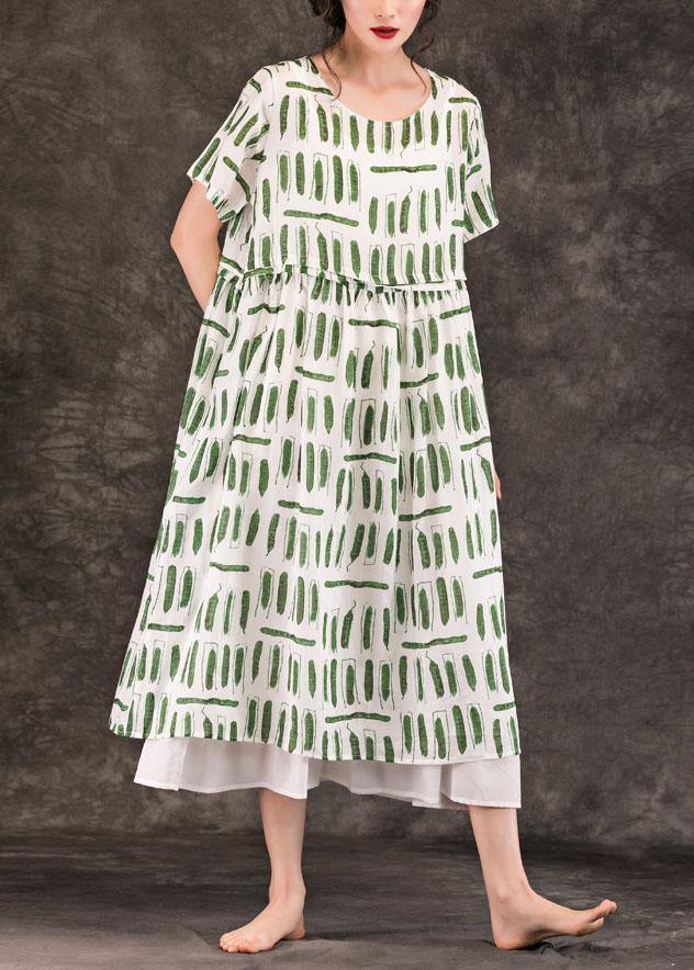 Style Green Striped Linen Dresses O Neck Pockets Long Summer Dress
