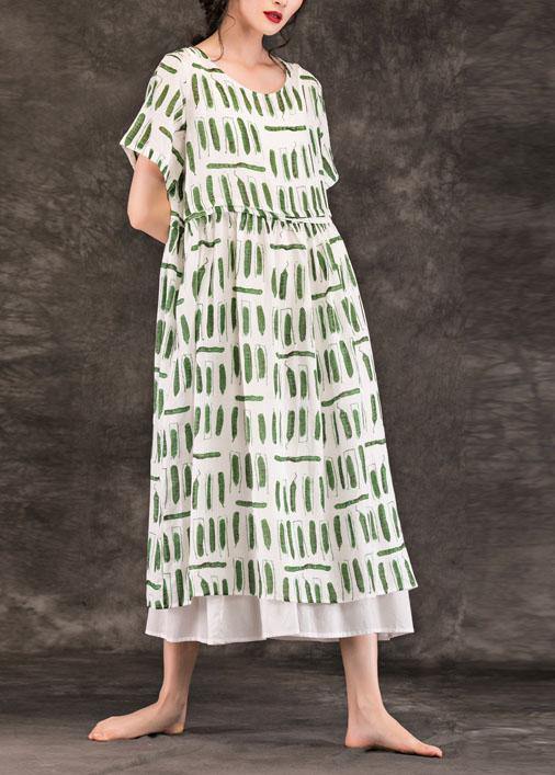 Style Green Striped Linen Dresses O Neck Pockets Long Summer Dress