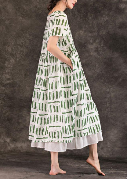 Style Green Striped Linen Dresses O Neck Pockets Long Summer Dress