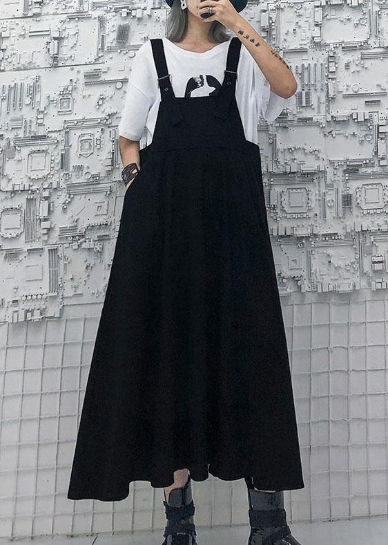 Style High Waist Cotton Quilting Dresses Outfits Black Strap Loose Dress Summer