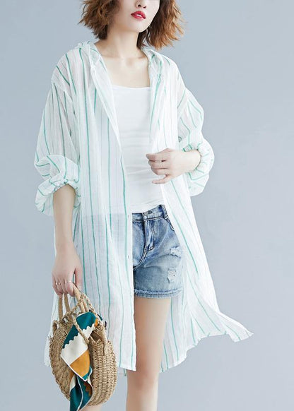 Style Hooded Chiffon Tunic Work Green Striped Shirts Summer