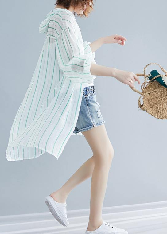 Style Hooded Chiffon Tunic Work Green Striped Shirts Summer