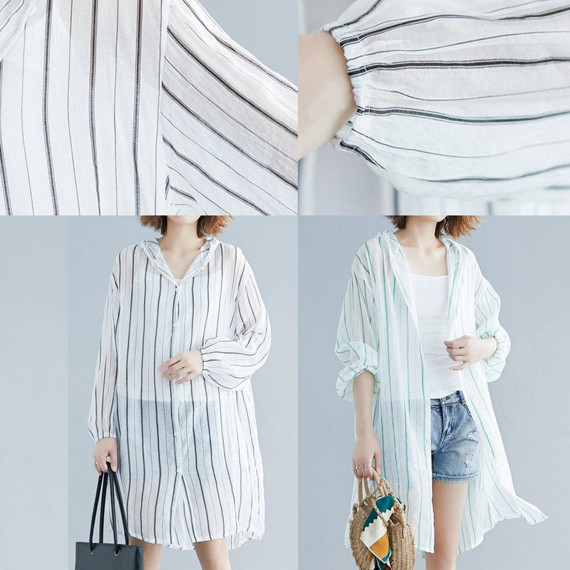 Style Hooded Chiffon Tunic Work Green Striped Shirts Summer