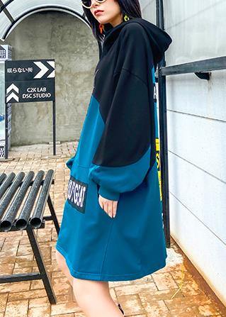 Style Hooded Patchwork Dresses Ideas Blue Letter Dress