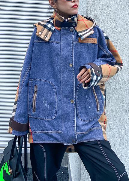 Style Hooded Patchwork Tunics for Denim Blue Clothing Outwear
