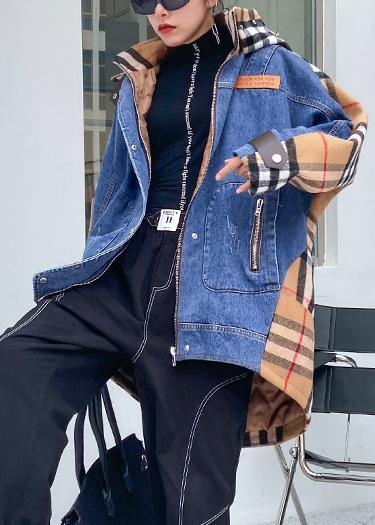 Style Hooded Patchwork Tunics for Denim Blue Clothing Outwear