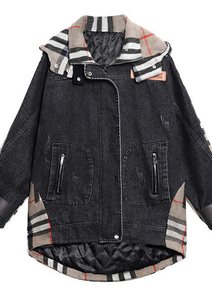 Style Hooded Patchwork Tunics for Denim Blue Clothing Outwear