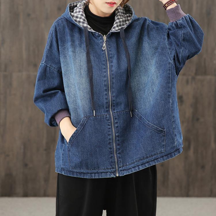 Style Hooded Pockets Clothes for Photography Denim Blue Blouses