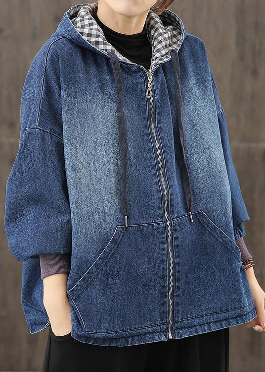 Style Hooded Pockets Clothes for Photography Denim Blue Blouses