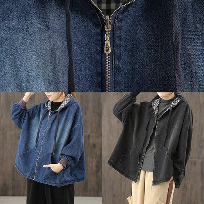 Style Hooded Pockets Clothes for Photography Denim Blue Blouses