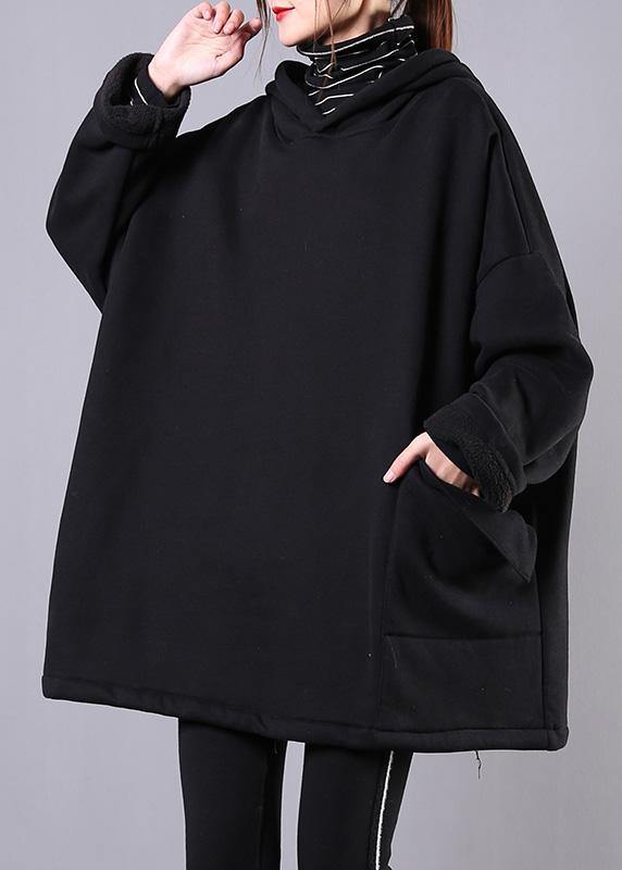 Style Hooded Pockets Cotton Clothes Sewing Black Blouses