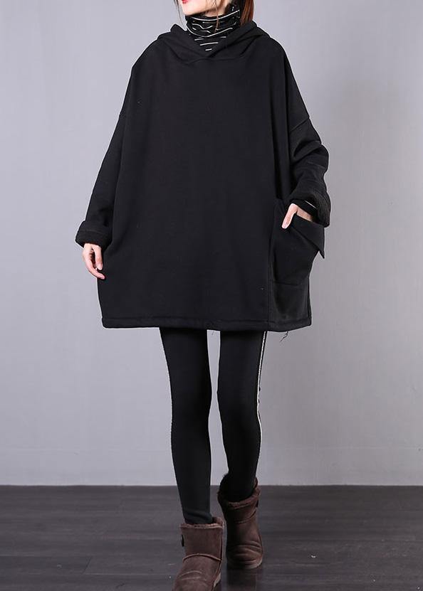 Style Hooded Pockets Cotton Clothes Sewing Black Blouses
