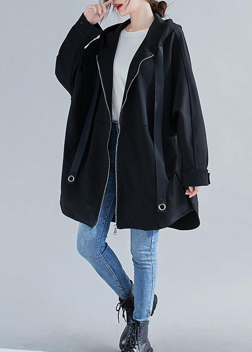 Style Hooded Zippered Coats Blouses Black Oversized Outwears