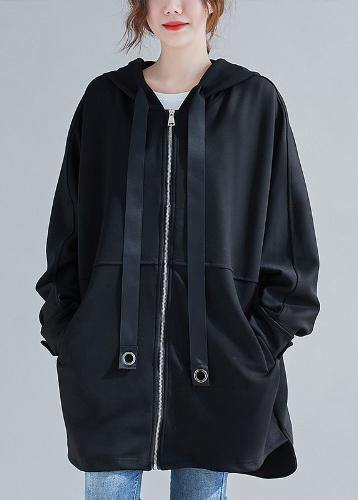 Style Hooded Zippered Coats Blouses Black Oversized Outwears