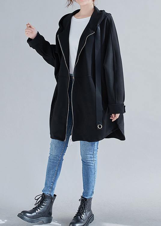 Style Hooded Zippered Coats Blouses Black Oversized Outwears