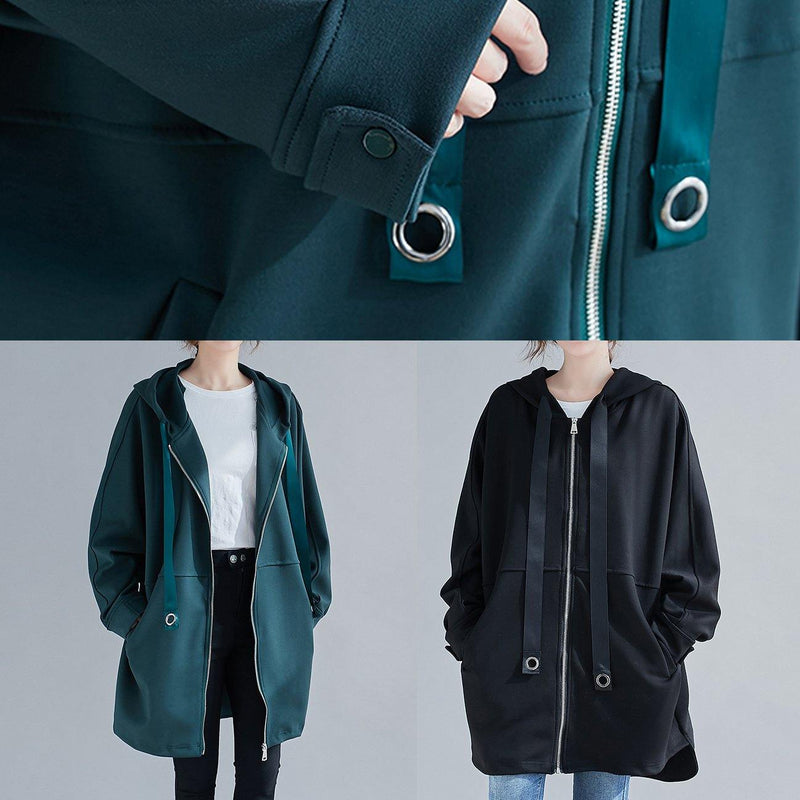 Style Hooded Zippered Coats Blouses Black Oversized Outwears