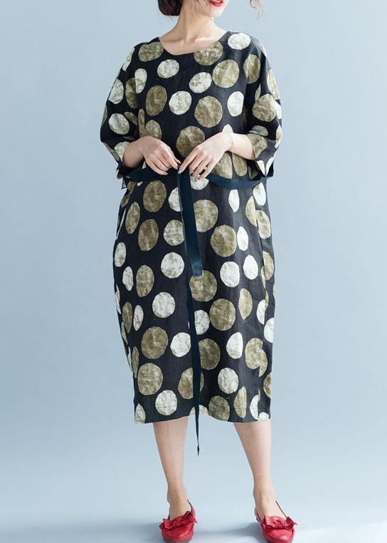 Style Khaki Dotted Cotton Quilting Clothes Tie Waist Long Summer Dresses