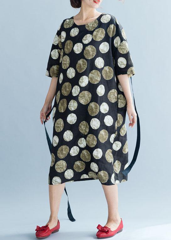 Style Khaki Dotted Cotton Quilting Clothes Tie Waist Long Summer Dresses