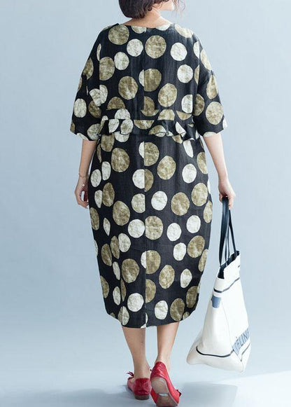 Style Khaki Dotted Cotton Quilting Clothes Tie Waist Long Summer Dresses