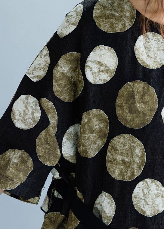 Style Khaki Dotted Cotton Quilting Clothes Tie Waist Long Summer Dresses