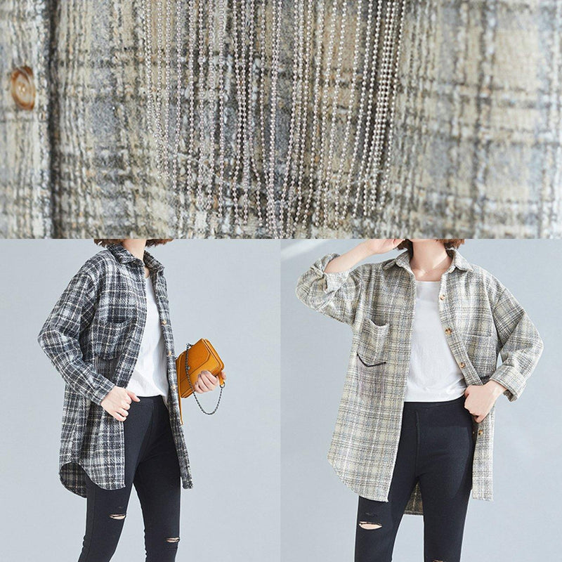 Style Khaki Plaid Tunic Pattern Baggy Spring Tops