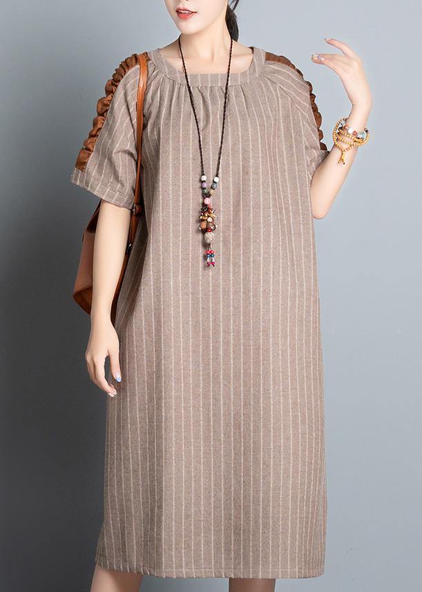 Style Khaki Striped Cotton Clothes for O Neck Patchwork Summer Dresses