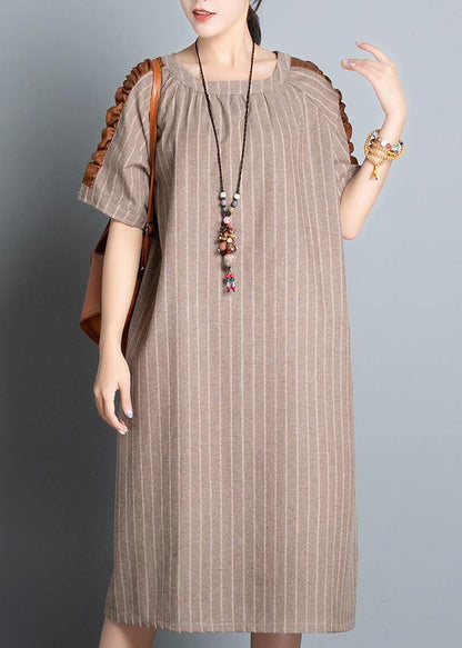 Style Khaki Striped Cotton Clothes for O Neck Patchwork Summer Dresses